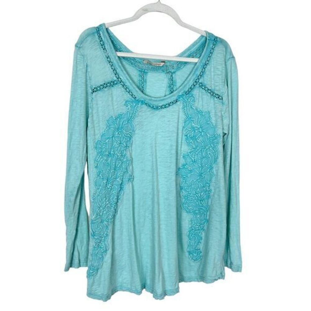 Soft Surroundings Teal Embroidered Long Sleeve Blouse